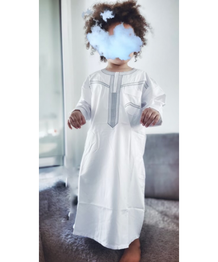 Qamis enfant blanc et argenté  (Manches longues - sans pantalons)